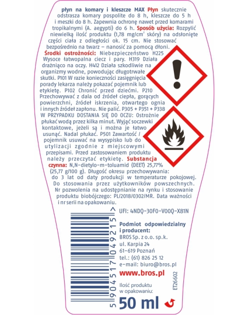 Zdjęcie: Płyn na komary i kleszcze max 50 ml BROS