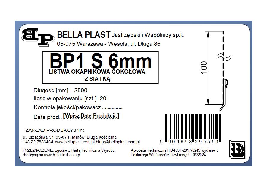 Zdjęcie: Listwa okapnikowa PVC BP1 S L250 6mm do listwy startowej aluminiowej BELLA PLAST