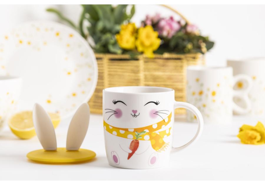 Zdjęcie: Kubek baryłka 400 ml z pokrywką silikonową uszy zająca dekoracja uśmiechnięty zajączek ALTOM DESIGN