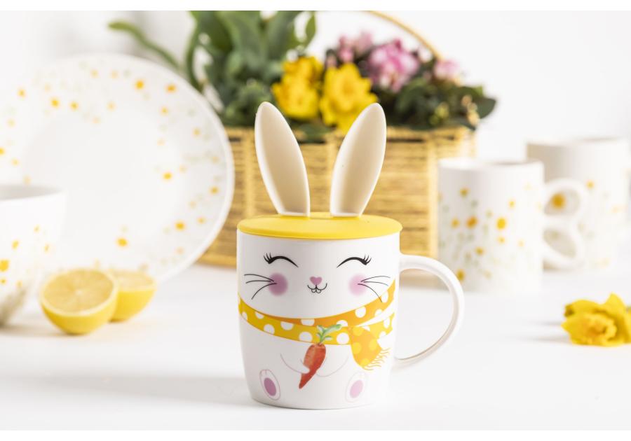 Zdjęcie: Kubek baryłka 400 ml z pokrywką silikonową uszy zająca dekoracja uśmiechnięty zajączek ALTOM DESIGN