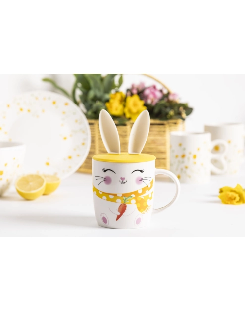 Zdjęcie: Kubek baryłka 400 ml z pokrywką silikonową uszy zająca dekoracja uśmiechnięty zajączek ALTOM DESIGN