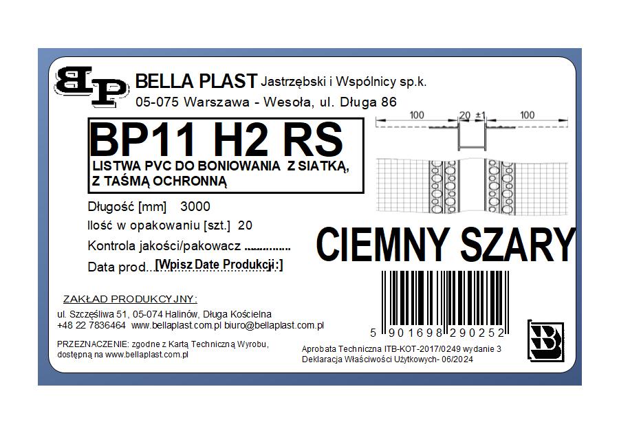 Zdjęcie: Listwa do boniowania PVC z siatką BP11 H2RS L300 szary ciemny BELLA PLAST