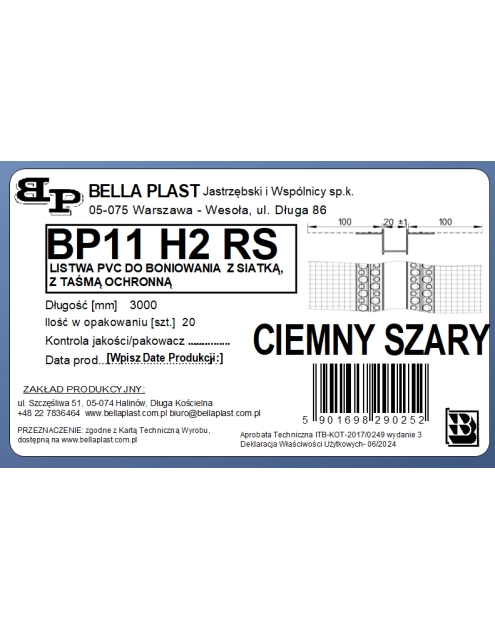 Zdjęcie: Listwa do boniowania PVC z siatką BP11 H2RS L300 szary ciemny BELLA PLAST