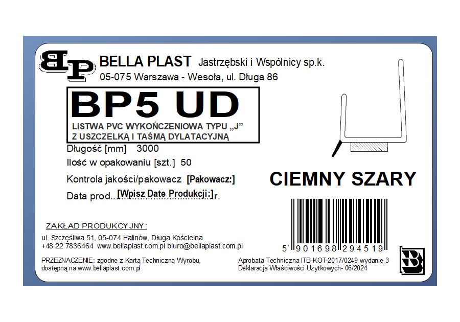 Zdjęcie: Listwa PVC wykończeniowa J z uszczelką i z taśmą BP5 UD 12,5 mm L300 szary ciemny BELLA PLAST