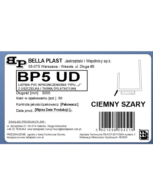 Zdjęcie: Listwa PVC wykończeniowa J z uszczelką i z taśmą BP5 UD 12,5 mm L300 szary ciemny BELLA PLAST