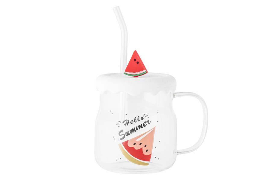 Zdjęcie: Kubek szklany z silikonową pokrywką i szklaną słomką 600 ml dekoracja arbuz ALTOM DESIGN