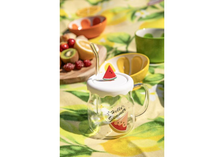 Zdjęcie: Kubek szklany z silikonową pokrywką i szklaną słomką 600 ml dekoracja arbuz ALTOM DESIGN