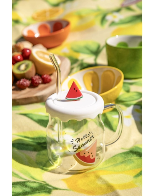 Zdjęcie: Kubek szklany z silikonową pokrywką i szklaną słomką 600 ml dekoracja arbuz ALTOM DESIGN