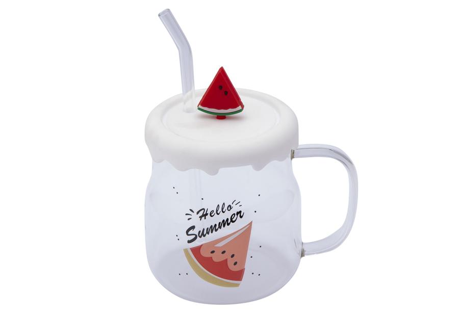 Zdjęcie: Kubek szklany z silikonową pokrywką i szklaną słomką 600 ml dekoracja arbuz ALTOM DESIGN