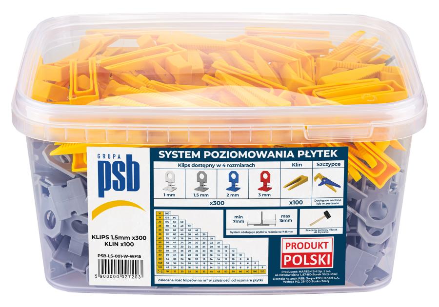 Zdjęcie: System poziomowania płytek klipsy + kliny 1,5 mm szaro-żółte 300 szt. PSB