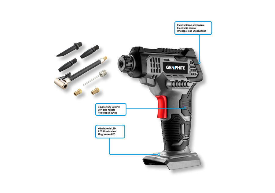 Zdjęcie: Kompresor akumulatorowy Energy+ 18V, wyświetlacz LCD, bez akumulatora GRAPHITE