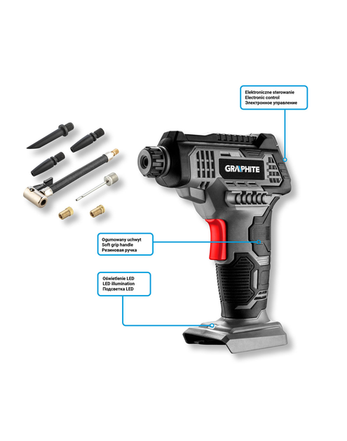Zdjęcie: Kompresor akumulatorowy Energy+ 18V, wyświetlacz LCD, bez akumulatora GRAPHITE