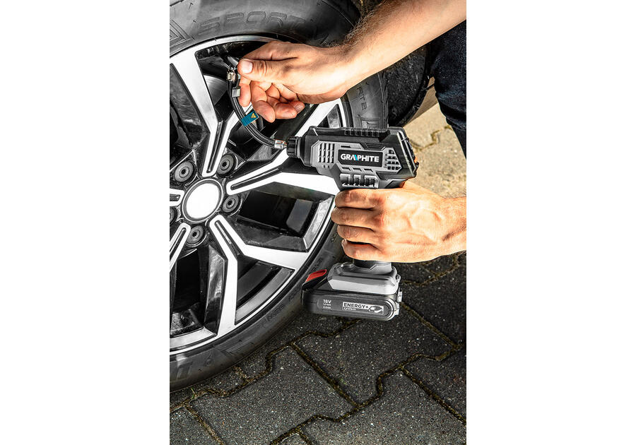 Zdjęcie: Kompresor akumulatorowy Energy+ 18V, wyświetlacz LCD, bez akumulatora GRAPHITE