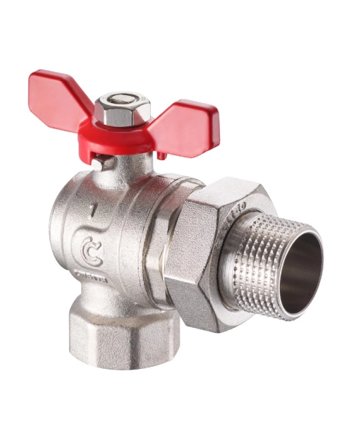 Zdjęcie: Zawór kulowy kątowy S30 1" W/Z z półśrubunkiem i motylkiem, PN30 pełen nikiel CALIDO