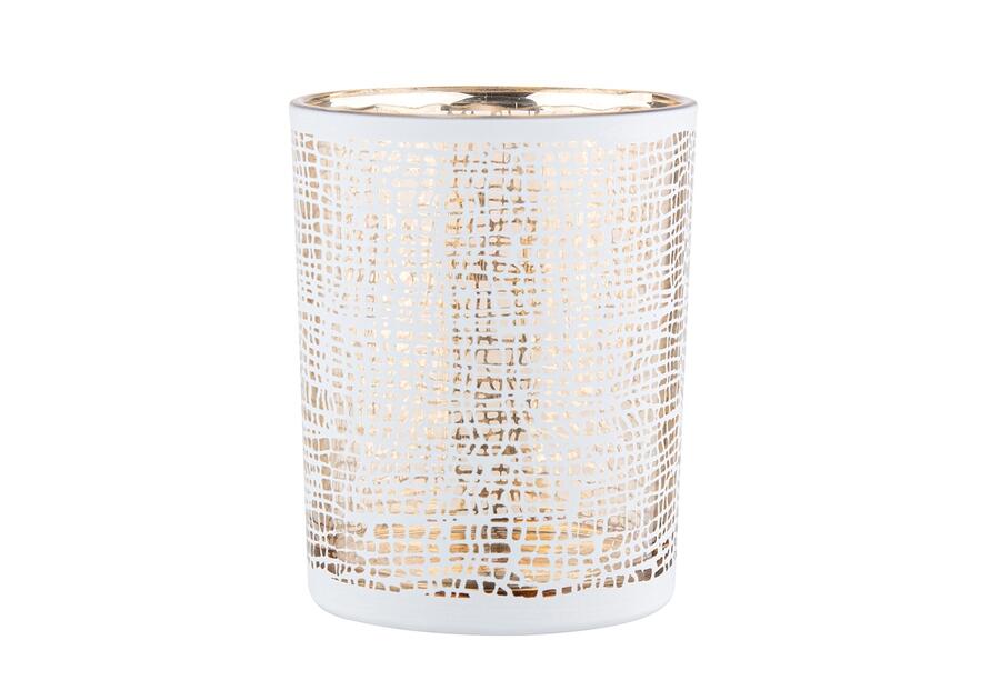 Zdjęcie: Świecznik szklany biały ze złotym wnętrzem 10x12,5 cm dekorowany Lniany Splot ALTOMDESIGN