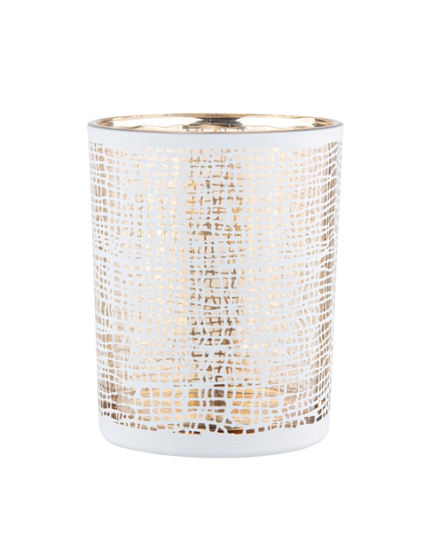 Zdjęcie: Świecznik szklany biały ze złotym wnętrzem 10x12,5 cm dekorowany Lniany Splot ALTOMDESIGN