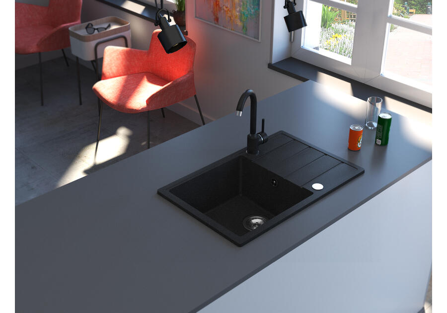 Zdjęcie: Zlewozmywak granitowy Metro grafitowy, 1 duża komora z ociekaczem, 68x44x19,5 cm syfon manualny MILÓ