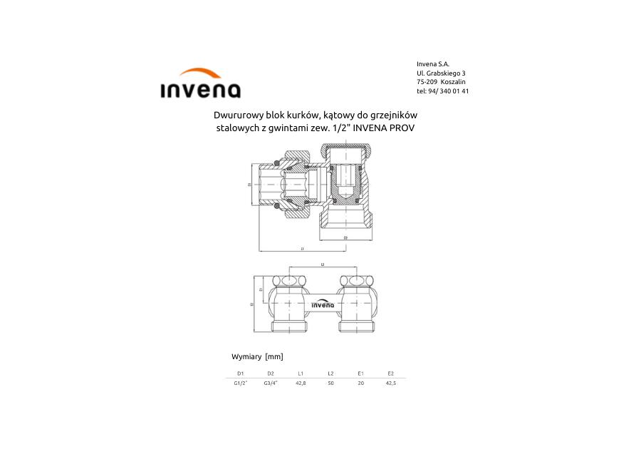 Zdjęcie: Dwururowy blok kurków, kątowy do grzejników stalowych z gwintami zewnętrznymi 1/2 INVENA