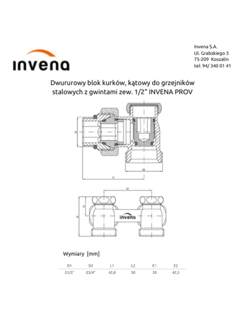 Zdjęcie: Dwururowy blok kurków, kątowy do grzejników stalowych z gwintami zewnętrznymi 1/2 INVENA