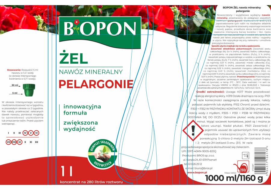 Zdjęcie: Żel nawóz mineralny do pelargonii 1 L BOPON