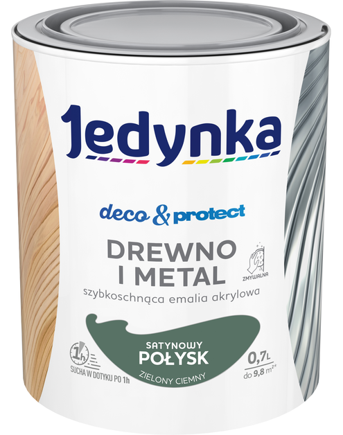 Zdjęcie: Farba do drewna i metalu Deco&Protect satynowy połysk zielony ciemny 0,7 L JEDYNKA