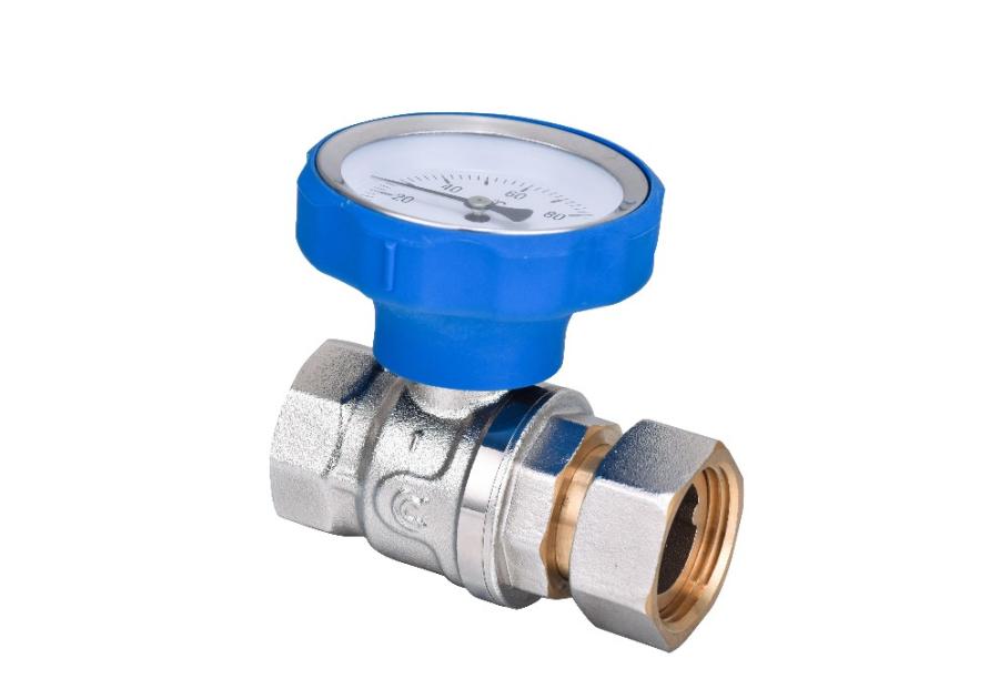Zdjęcie: Zawór kulowy S30 z ruchomą nakrętką W/W 1" z niebieskim pokrętłem (termometr) CALIDO
