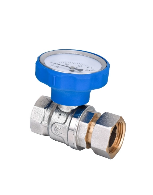 Zdjęcie: Zawór kulowy S30 z ruchomą nakrętką W/W 1" z niebieskim pokrętłem (termometr) CALIDO