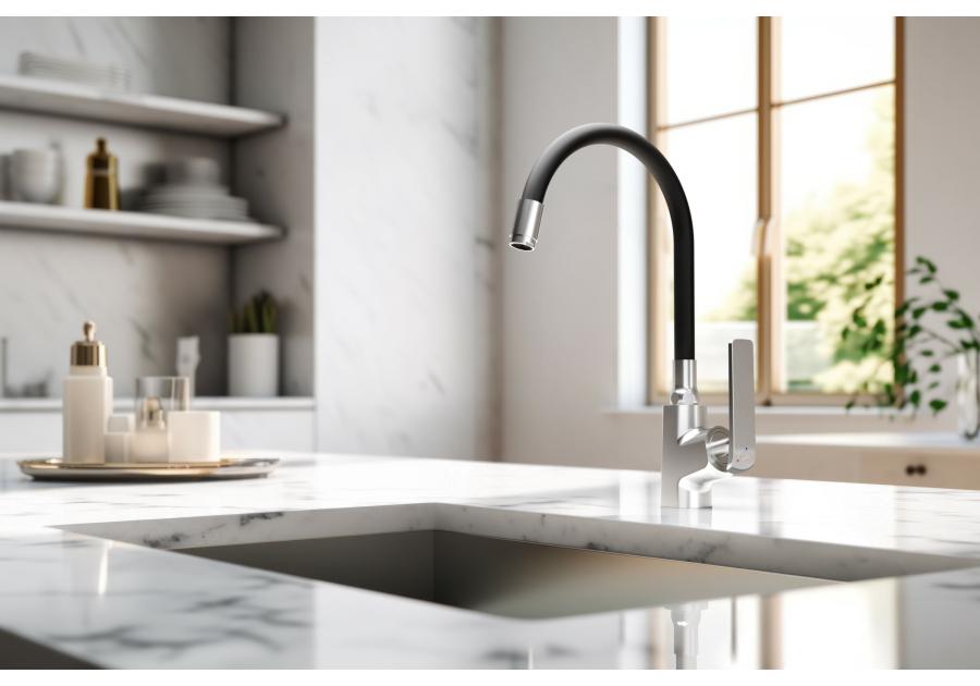 Zdjęcie: Bateria zlewozmywakowa z elastyczną wylewką i systemem Eco Start Ligaria, chrom/czarna INVENA