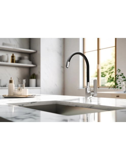 Zdjęcie: Bateria zlewozmywakowa z elastyczną wylewką i systemem Eco Start Ligaria, chrom/czarna INVENA