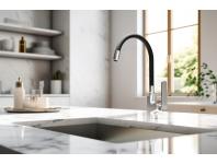 Zdjęcie: Bateria zlewozmywakowa z elastyczną wylewką i systemem Eco Start Ligaria, chrom/czarna INVENA