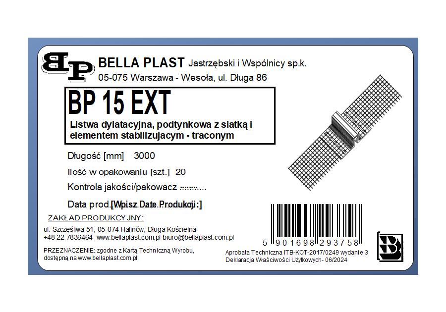 Zdjęcie: Listwa PVC dylatacyjna podtynkowa z siatką i elementem stabilizującym BP15EXT L300 biała BELLA PLAST