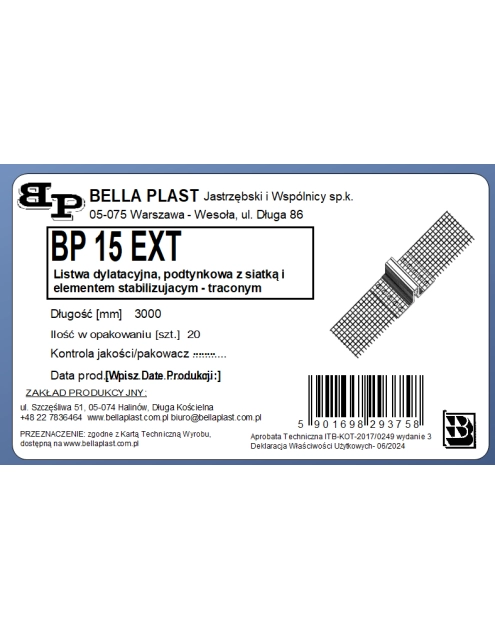 Zdjęcie: Listwa PVC dylatacyjna podtynkowa z siatką i elementem stabilizującym BP15EXT L300 biała BELLA PLAST