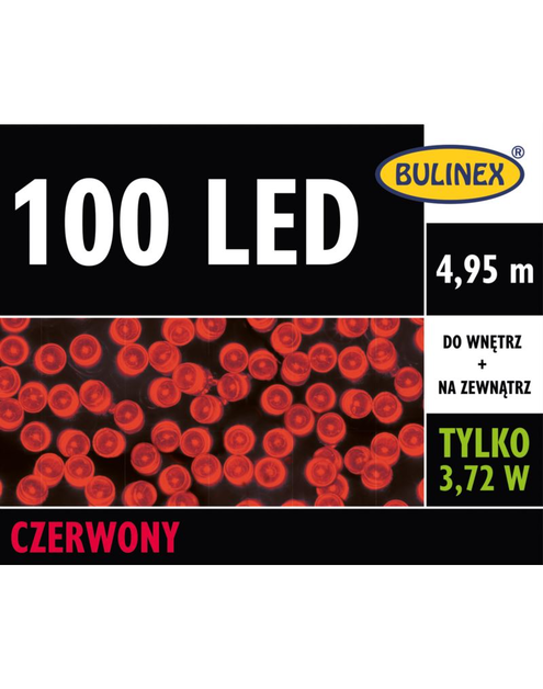 Zdjęcie: Lampki choinkowe LED 4,95 m czerwone 100 lampek zielony przewód BULINEX