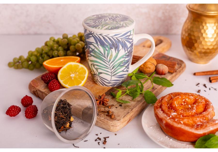 Zdjęcie: Kubek z zaparzaczem i pokrywką 340 ml dekoracja liście ALTOM DESIGN