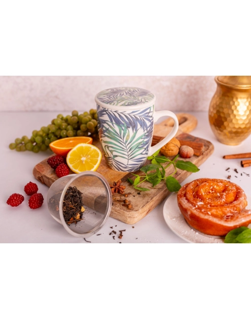 Zdjęcie: Kubek z zaparzaczem i pokrywką 340 ml dekoracja liście ALTOM DESIGN