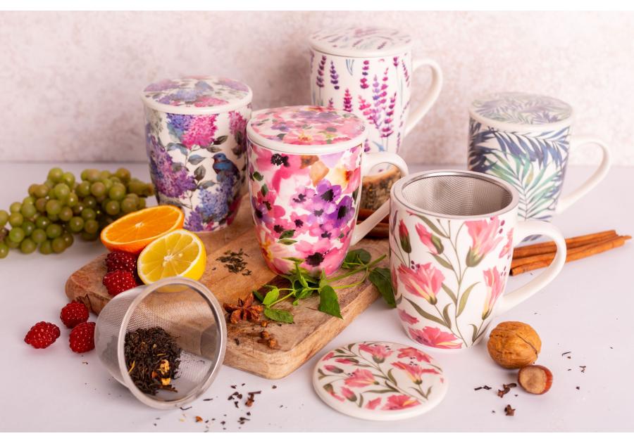 Zdjęcie: Kubek z zaparzaczem i pokrywką 340 ml dekoracja liście ALTOM DESIGN