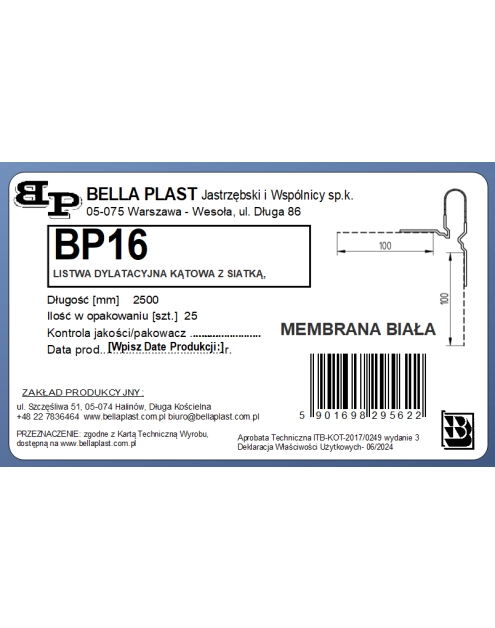 Zdjęcie: Listwa PVC dylatacyjna typu "V", kątowa BP16 L250 biała membrana BELLA PLAST