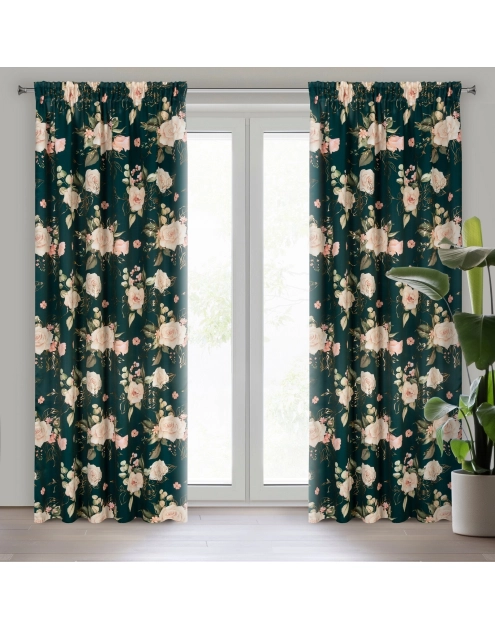 Zdjęcie: Zasłona gotowa Rose na taśmie 135x270 cm ciemnozielony EUROFIRANY