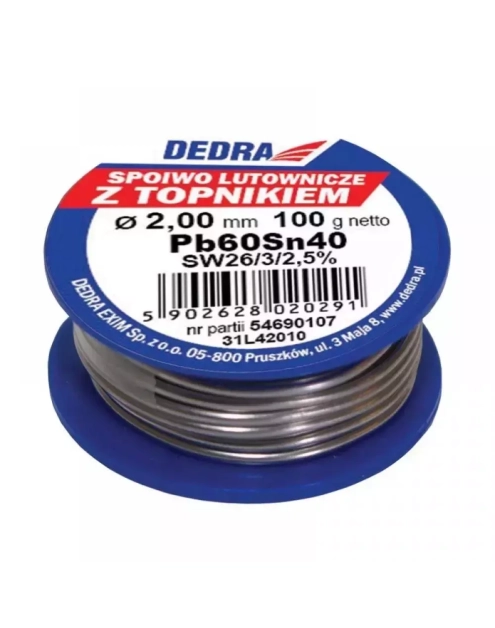 Zdjęcie: Lut z topnikiem 2.0 mm 100 g 40% SN DEDRA