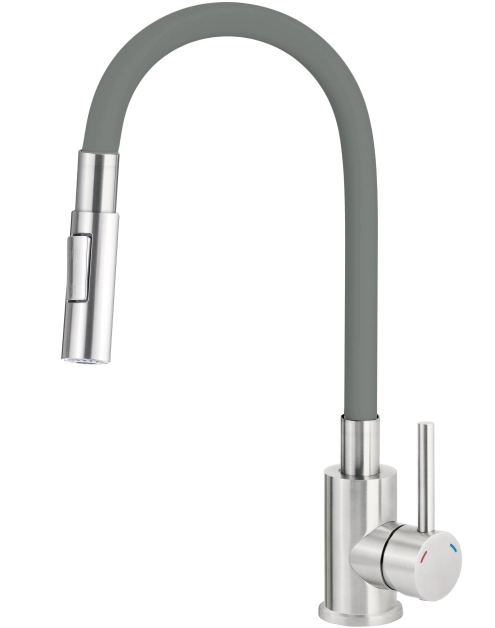 Zdjęcie: Bateria zlewozmywakowa z giętą wylewką Luno, stal, antracyt, słuchawka 2-funkcyjna DEANTE