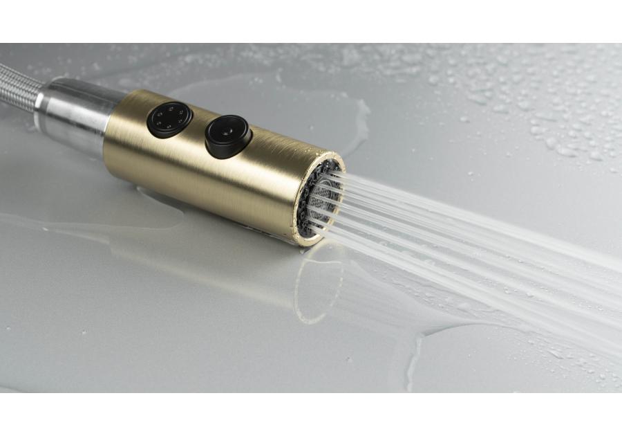 Zdjęcie: Bateria kuchenna z wyciąganą wylewką - 2 rodzaje strumienia Olfato złoto szczotkowane DEANTE