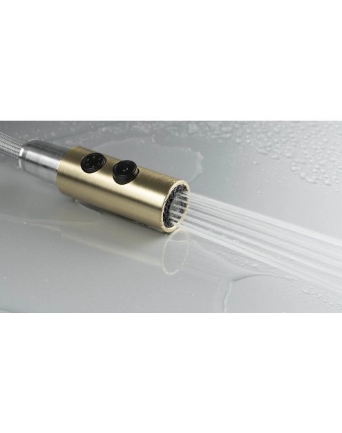 Zdjęcie: Bateria kuchenna z wyciąganą wylewką - 2 rodzaje strumienia Olfato złoto szczotkowane DEANTE