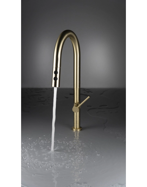 Zdjęcie: Bateria kuchenna z wyciąganą wylewką - 2 rodzaje strumienia Olfato złoto szczotkowane DEANTE