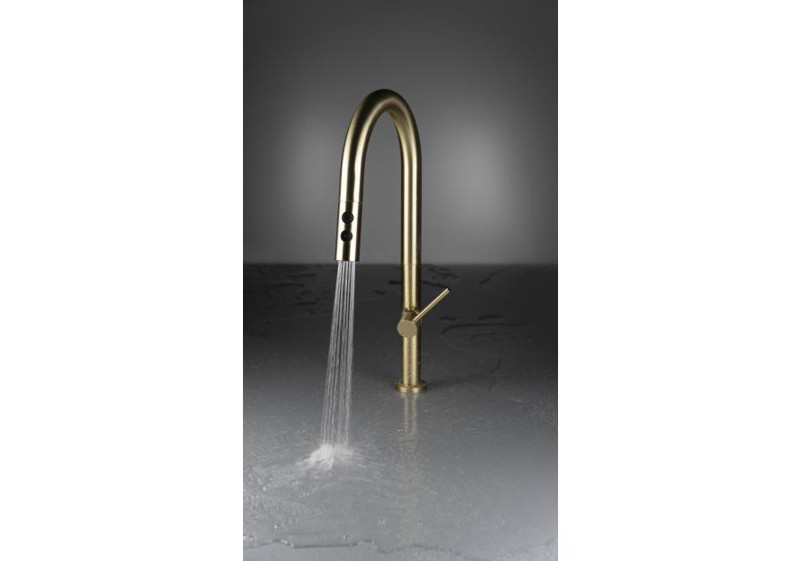 Zdjęcie: Bateria kuchenna z wyciąganą wylewką - 2 rodzaje strumienia Olfato złoto szczotkowane DEANTE
