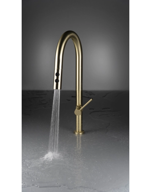 Zdjęcie: Bateria kuchenna z wyciąganą wylewką - 2 rodzaje strumienia Olfato złoto szczotkowane DEANTE