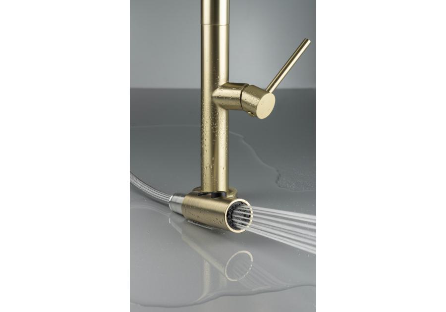 Zdjęcie: Bateria kuchenna z wyciąganą wylewką - 2 rodzaje strumienia Olfato złoto szczotkowane DEANTE