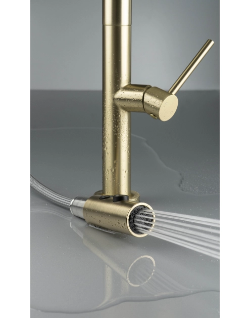 Zdjęcie: Bateria kuchenna z wyciąganą wylewką - 2 rodzaje strumienia Olfato złoto szczotkowane DEANTE