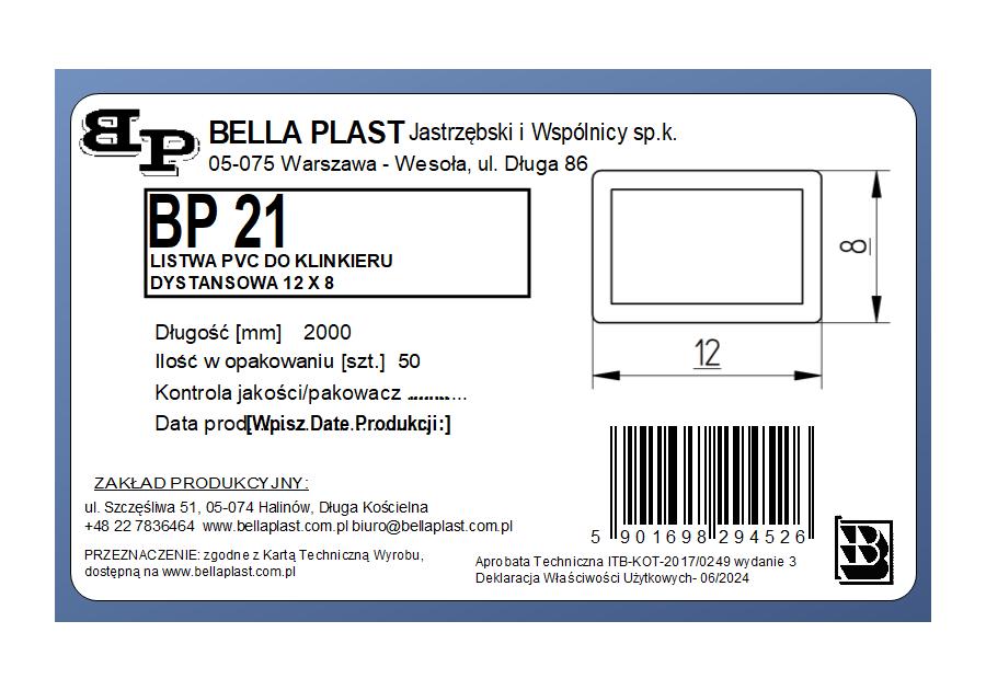 Zdjęcie: Profil dystansowy do klinkieru BP21 8x12 L200 czarny BELLA PLAST