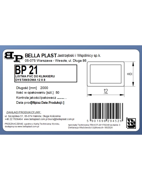 Zdjęcie: Profil dystansowy do klinkieru BP21 8x12 L200 czarny BELLA PLAST