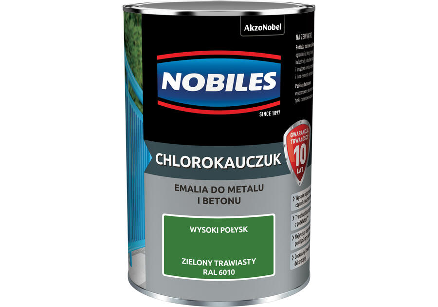 Zdjęcie: Emalia do metalu i betonu Chlorokauczuk zielony trawiasty wysoki połysk 0,9 L NOBILES